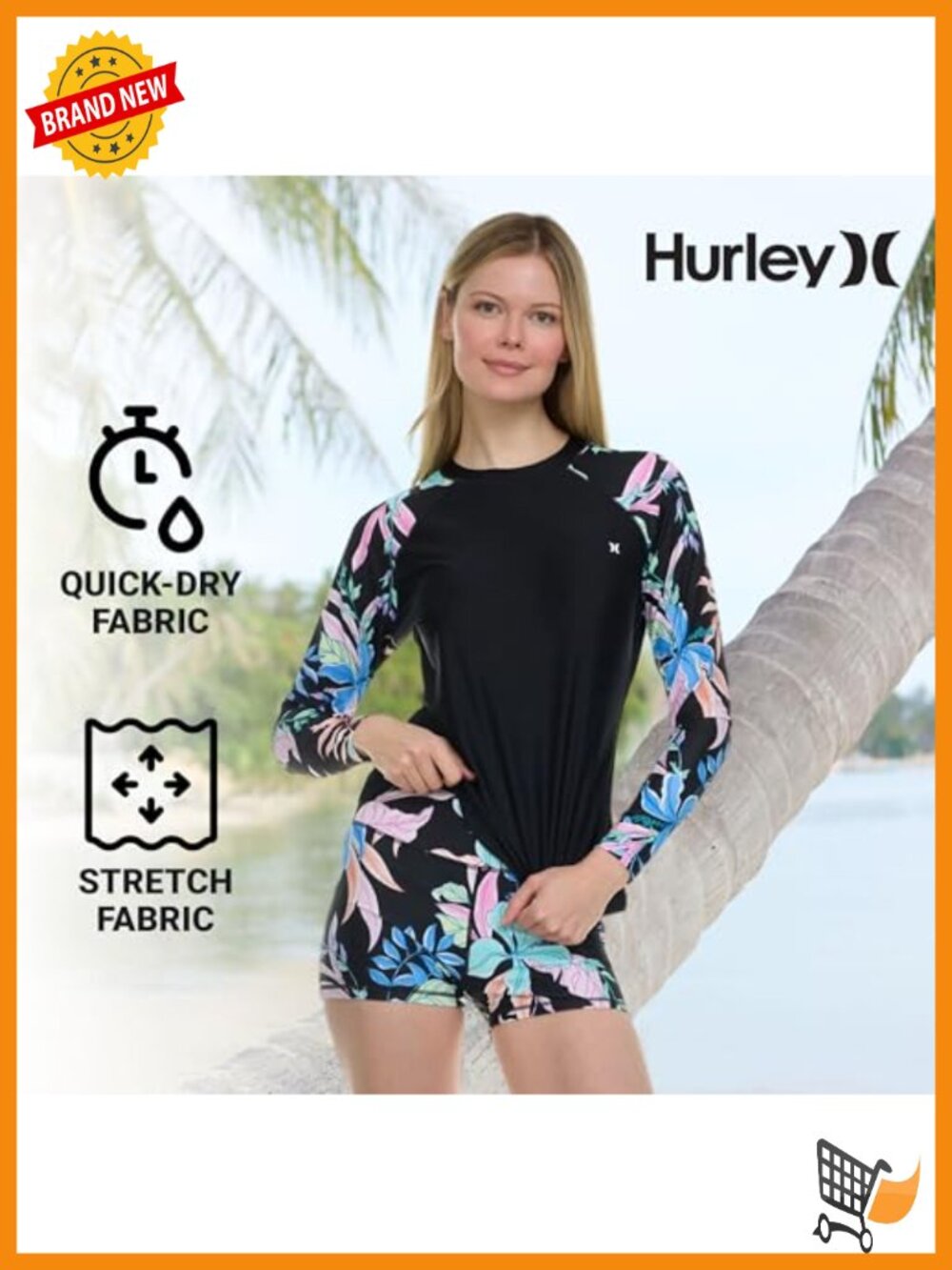 Hurley Women's Long Sleeve Rash Guard & Swim Shorts Set UPF 50+ Sun Protection - Picture 5 of 6